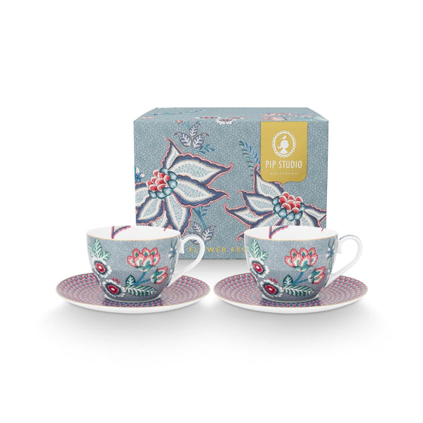 Set de 2 Tazas con Platos Festival de Flores Celeste 280ml – Cerámica, Diseño Holandés Original
