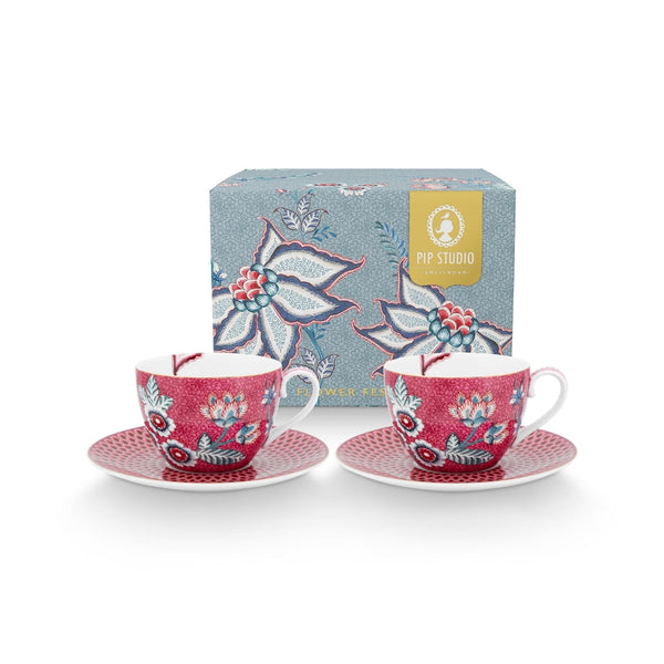 Set de 2 Tazas con Platos Festival de Flores Dark Rosado 280ml – Cerámica, Diseño Holandés Original