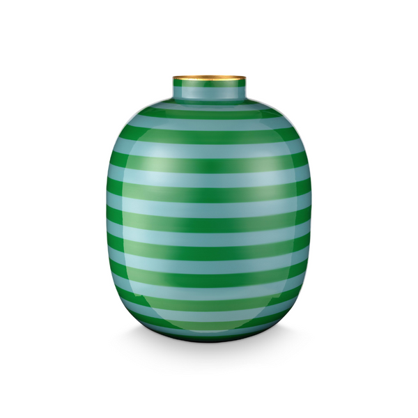 Jarrón de Metal con Rayas Verde 32cm – Metálico, Diseño Holandés Original