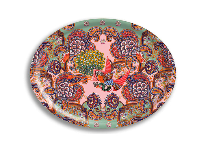 Bandeja ovalada PAISLEY FLORAL OVAL de Avenida Home, madera de abedul con pavos reales y flores